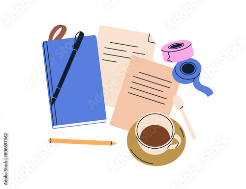 Notebook, pen, paper sheets, pages with notes, work records. Notepad, planner, sketchbook and coffee cup, abstract workplace composition. Flat vector illustration isolated on white background