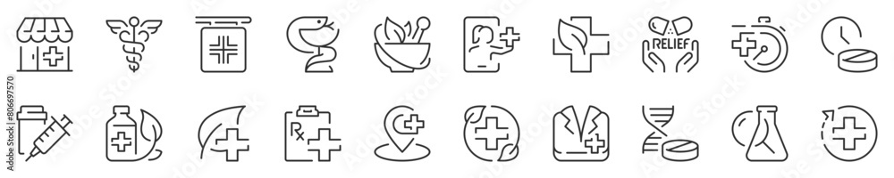 Line icons about pharmacy and medication. Contains such icons as treatments, naturophaty, dose and more. Editable vector stroke 2 of 2 sets. 512x512 Pixel Perfect in transparent background.