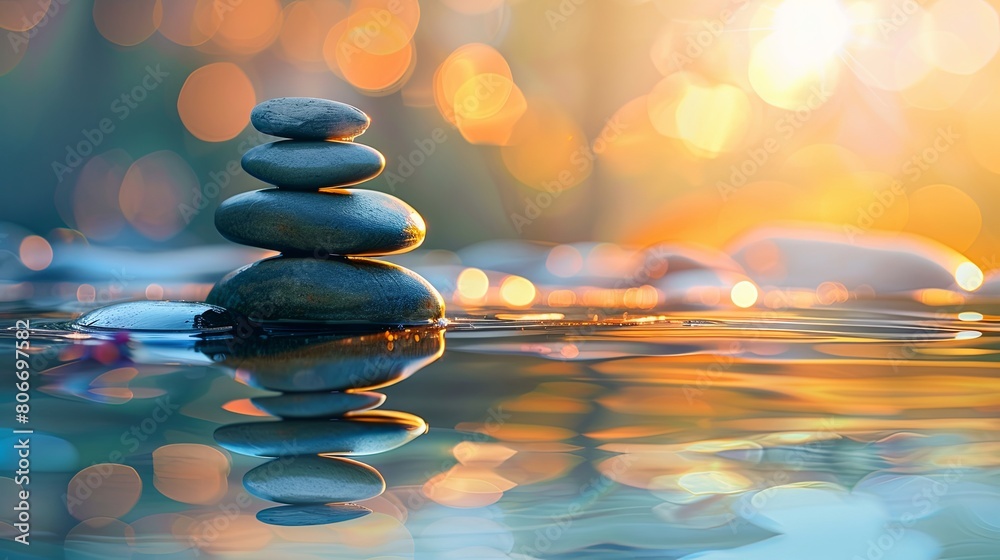 Obraz premium Zen stones in water with reflection, peace meditation relaxation concept