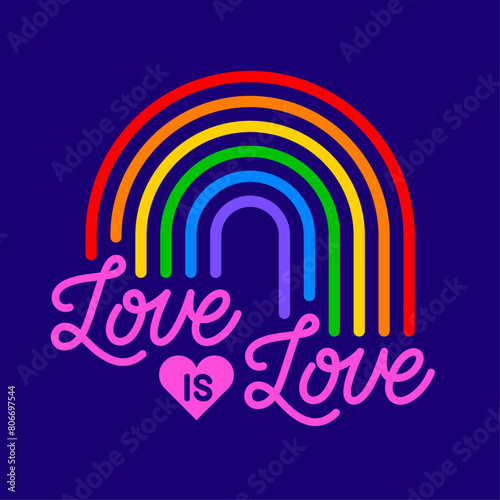 Love is love calligraphy design with rainbow background. Pride month celebration concept design.