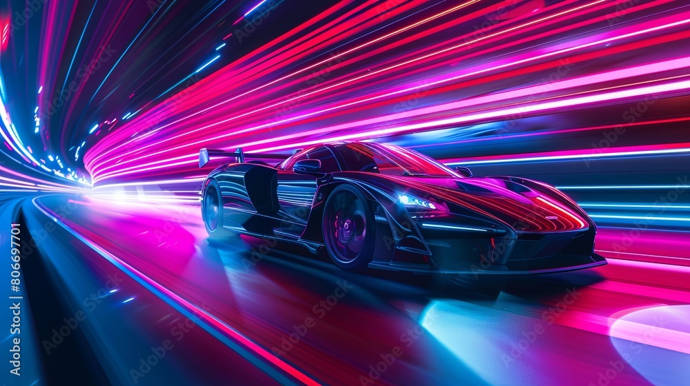 Lights of cars with night. Speeding Sports Car On Neon Highway. Powerful acceleration of a supercar on a night track with colorful lights and trails