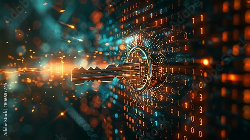 A digital key turning in a lock as encryption protocols engage, securing data transmission