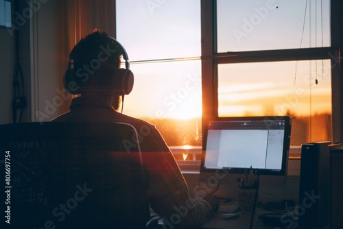 A person working productively in a comfortable home office setup, emphasizing the benefits of remote work flexibility photo