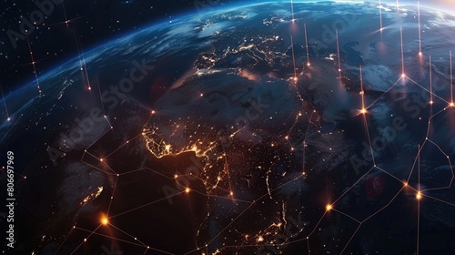 Earth viewed from space, adorned with glowing connection lines, symbolizing global interconnectivity. Ai Generated photo