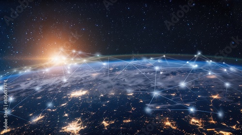 Earth viewed from space, adorned with glowing connection lines, symbolizing global interconnectivity. Ai Generated