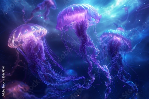 Jellyfish with glowing tentacles  creating a sense of depth and movement as they drift through an invisible ocean 