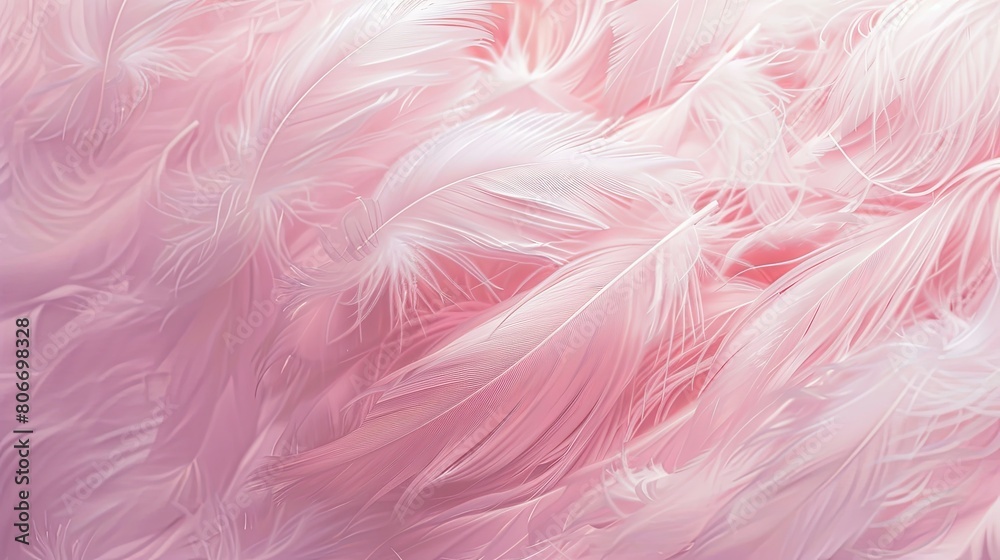 Soft pink feathers texture background. Flying pink bird or angel feathers.