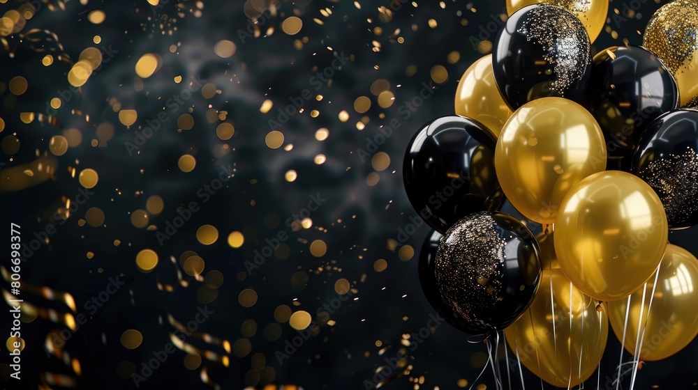 Golden and black balloons pop against an abstract background, Creating a striking contrast for a glamorous event. Ai Generated Golden and black balloons pop against an abstract background, Creating a striking contrast for a glamorous event. Ai Generated
