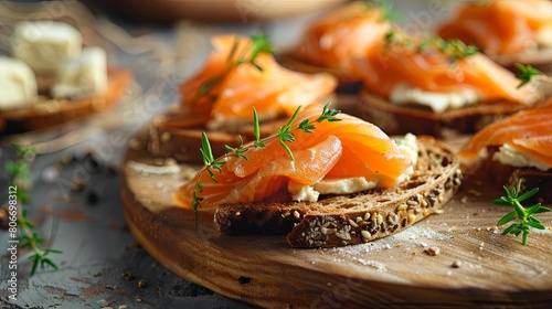 Smoked salmon on rye bread slice on wooden board. topped with cheese and smoked salmon