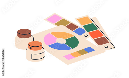 Colour palette, swatch. Paint sampler, color wheel, fan. Coloring samples, pallet, schemes for matching, selection hues in creative art, design. Flat vector illustration isolated on white background