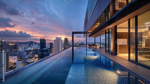 contemporary rooftop pool with panoramic sky views overlooking city skyline  framed by towering buildings and a clear blue sky  with a white sign adding a touch of urbanity