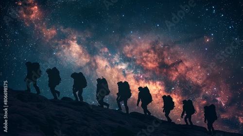 Silhouette of people walking on the dune - Magnificent view of mountains under the night starry sky with Andromeda galaxy "Elements of this image". camping and mountain hiking under the stars