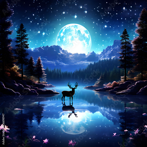 Illustration of a deer by the lake with mountains in the background. Colorful mountain landscape at full moon night.