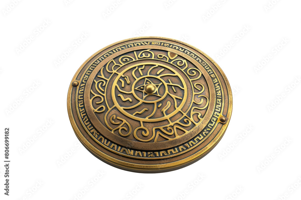 A round golden shield with Celtic engraving.