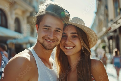 Summer holidays, dating, love and tourism concept. Smiling couple in the city, Generative AI © Color Scribe