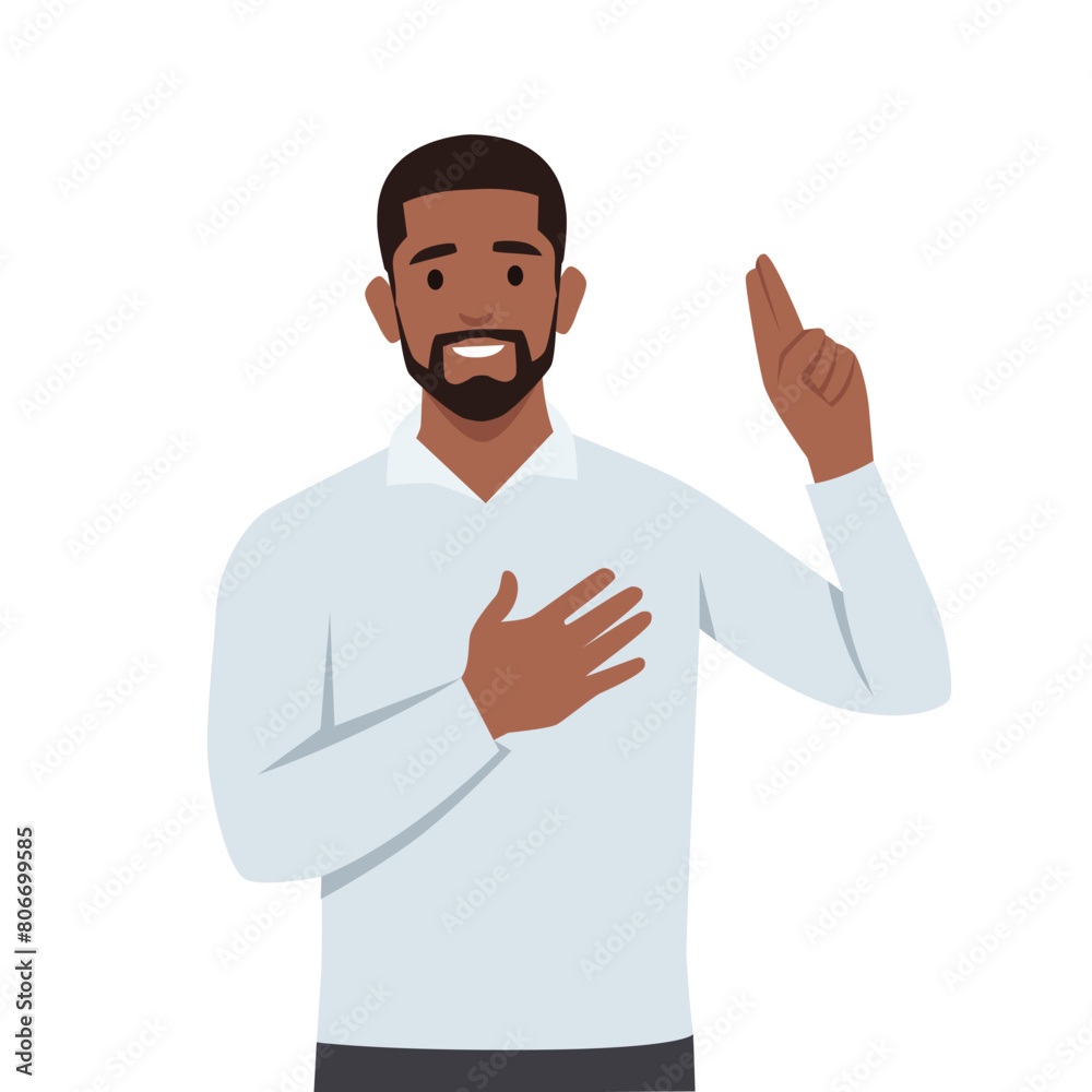 Young black man keeping hands on chest. Smiling friendly man expressing gratitude with peace sign. Flat vector illustration isolated on white background Young black man keeping hands on chest. Smiling friendly man expressing gratitude with peace sign. Flat vector illustration isolated on white background