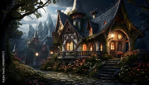 Illustration of a haunted house in the forest at night, 3d render