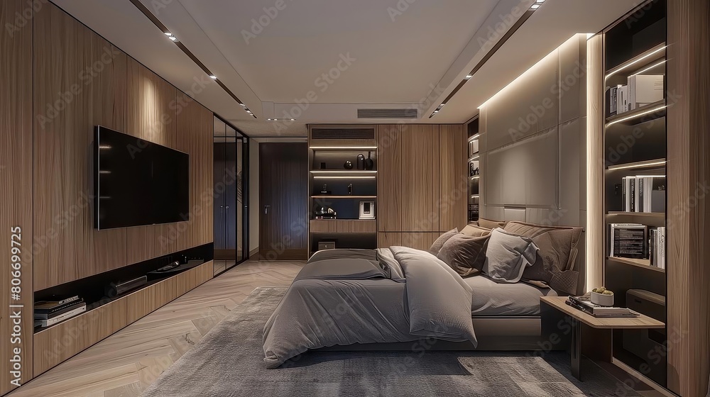 cozy minimalist bedroom with high - tech entertainment center featuring a black television, gray rug, and white and gray pillows on a wood floor the room is illuminated by a white ceiling and