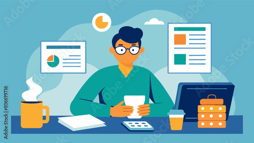 A person sitting at a table covered in confusing financial paperwork with a steaming cup of coffee and a calculator in hand showing the exhausting and. Vector illustration