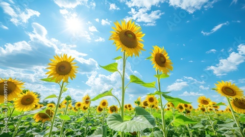 A vibrant field of sunflowers in full bloom under a bright blue sky  with rows of tall stalks and golden petals swaying gently in the summer 