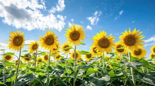 A vibrant field of sunflowers in full bloom under a bright blue sky  with rows of tall stalks and golden petals swaying gently in the summer breeze  capturing the essence of summer