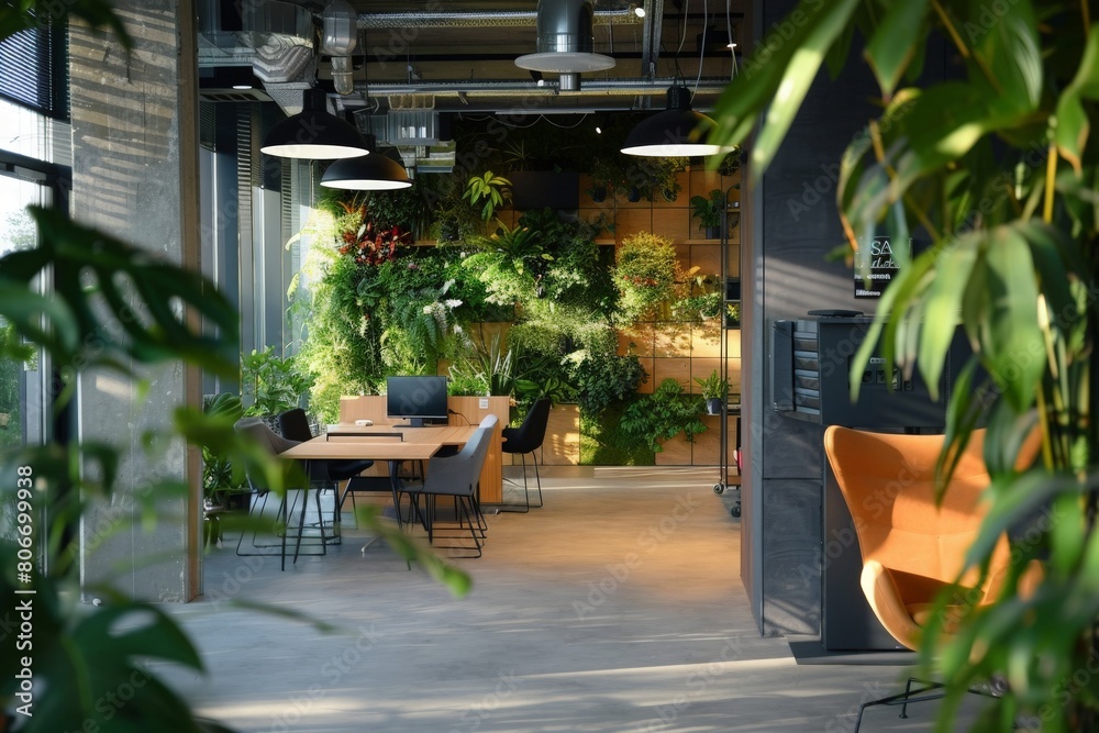 Fototapeta premium Modern office environment that emphasizes sustainability, with plants, natural light, and recycled materials