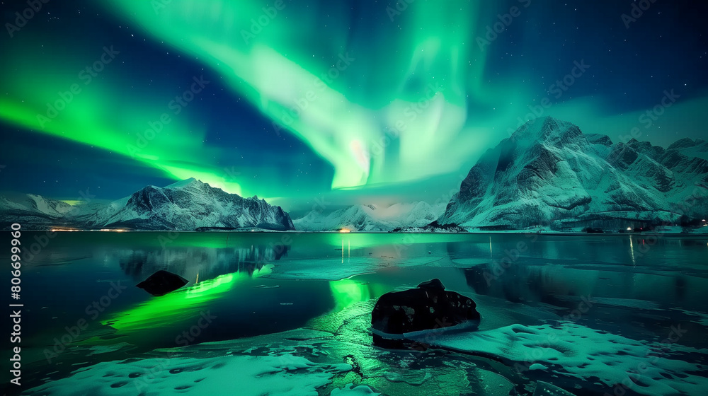 This enchanting image showcases the mesmerizing beauty of the northern lights casting a radiant green glow over the sea and rocks at night. The ethereal landscape is illuminated by the celestial 