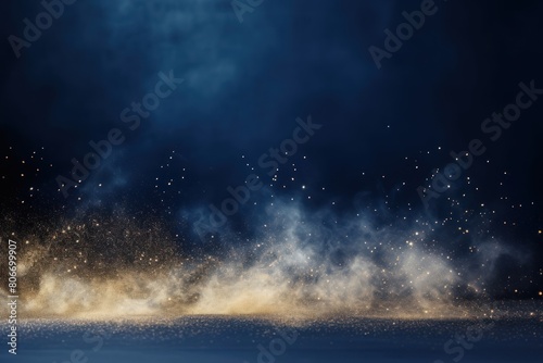 Navy Blue smoke empty scene background with spotlights mist fog with gold glitter sparkle stage studio interior texture for display products blank 