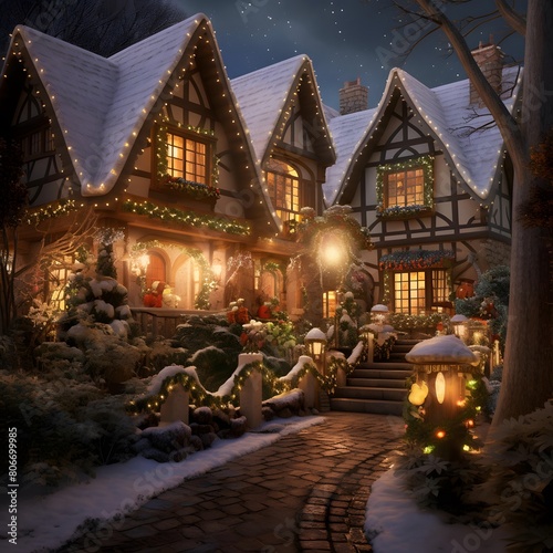 Beautiful Christmas and New Year houses decorated with lights at night.