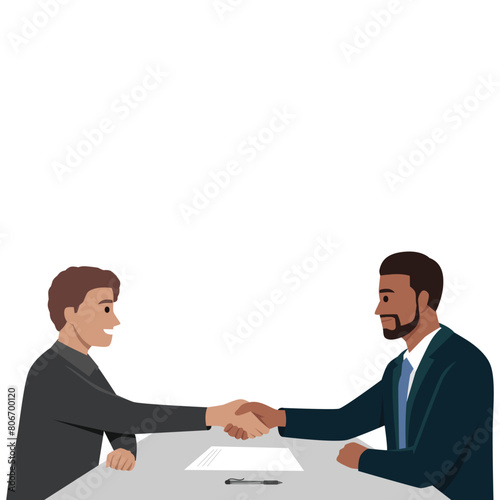 Business man partnership beginning. Businessman partners shaking hands after signing contract. Flat vector illustration isolated on white background