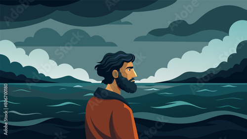 The stoic person looks out at a stormy sea the dark clouds mirrored in their unwavering gaze a stoic calm radiating from within.. Vector illustration