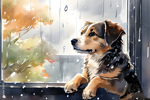 A dog looking outside the window on a rainy day (watercolor version 2)