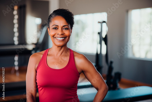 Confident senior African American woman in a red top posing in a gym  representing strength and vitality.