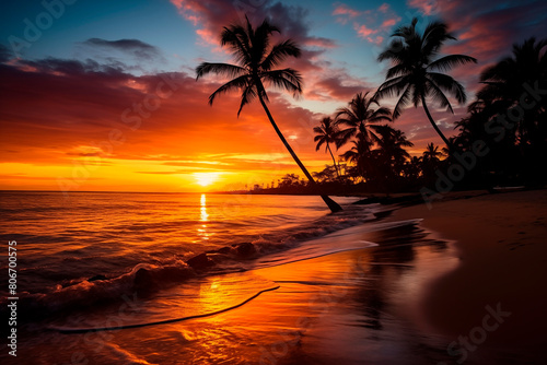 Stunning sunset over a tropical beach with silhouetted palm trees, creating a tranquil and picturesque setting.