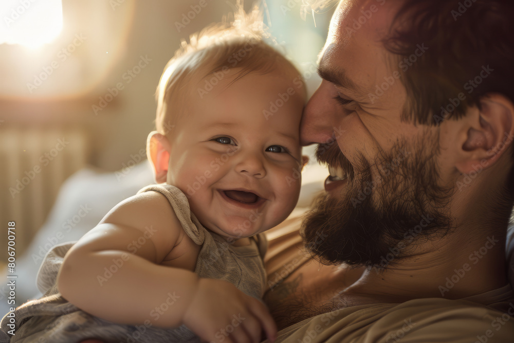 Close up of a new dad holding their young baby. Fatherhood and fathers day concepts
