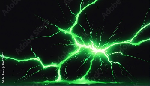 green lightning impact effect on plain black background from Generative AI photo