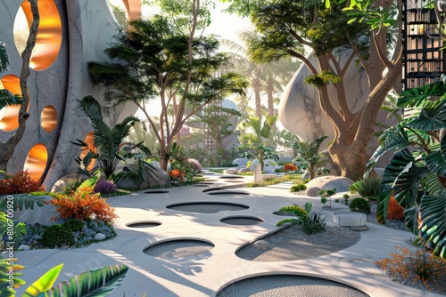 Develop a 3D render of a garden where the plants are biomechanical, combining organic shapes with metallic textures and robotic elements 