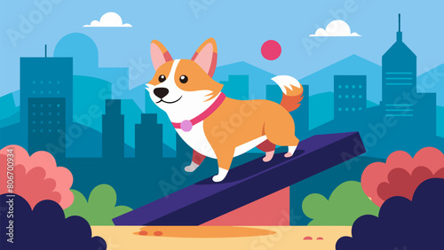 In the midst of a chaotic city park a y corgi tiptoes gracefully across a balance beam his hot pink GPS tracker contrasting with his sleek black fur.. Vector illustration