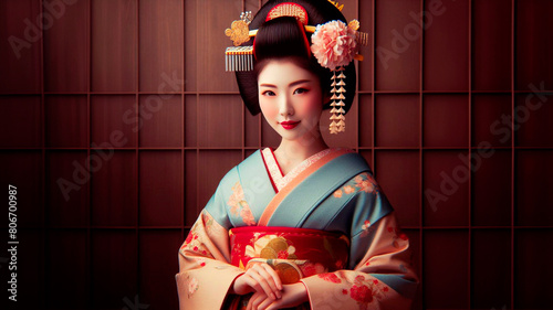 Beautiful geisha in traditional kimono. Pretty lady for kabuki. Japanese style.