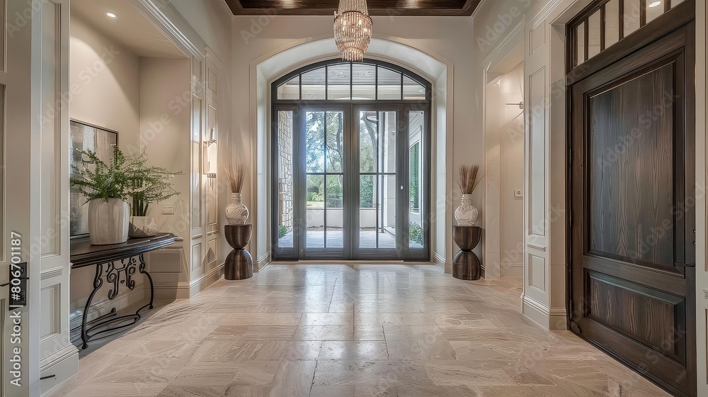 eclectic design entrance featuring a brown wooden door, white vase, and green plant on a tiled floor, with a white wall in the background eclectic design entrance featuring a brown wooden door, white vase, and green plant on a tiled floor, with a white wall in the background