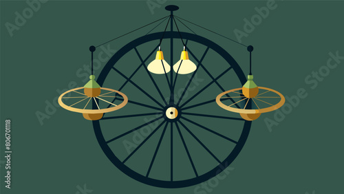 An old bicycle wheel has been repurposed into a chandelier creating a unique and ecofriendly lighting fixture.. Vector illustration