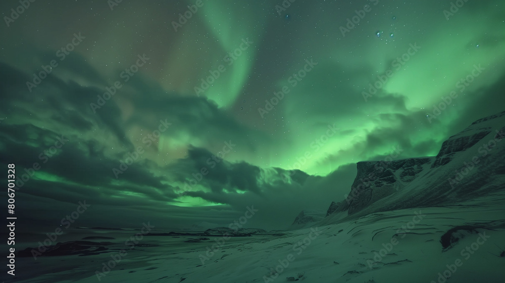 This enchanting image showcases the mesmerizing beauty of the northern lights casting a radiant green glow over the sea and rocks at night. The ethereal landscape is illuminated by the celestial 