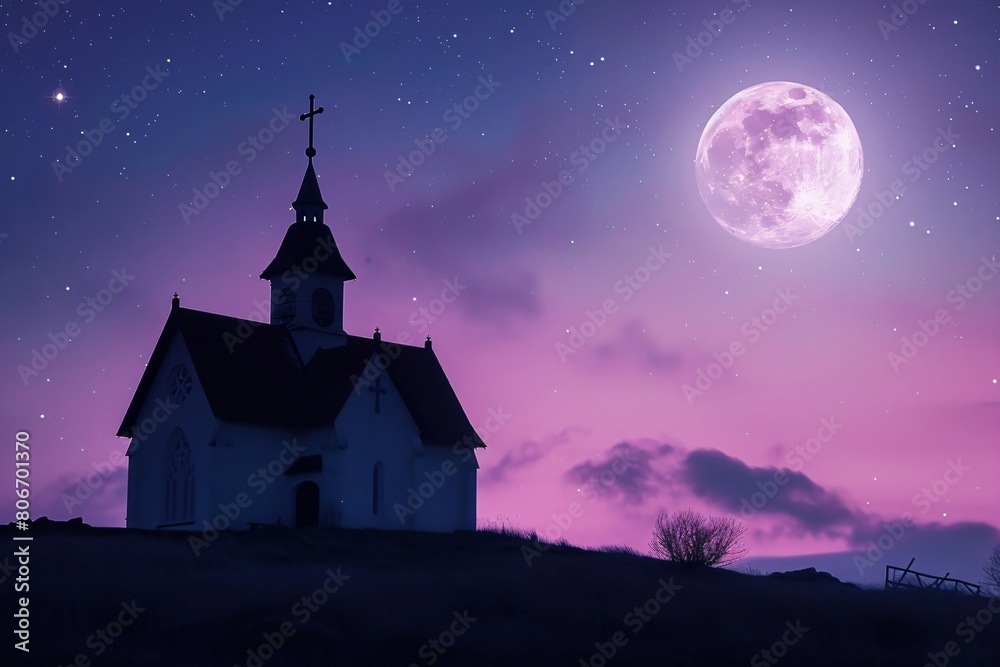 Illustration of a church sitting on a hill, surrounded by a softly pastel colorged lowing sky. Above, a big full moon shines down, illuminating the tranquil scene Illustration of a church sitting on a hill, surrounded by a softly pastel colorged lowing sky. Above, a big full moon shines down, illuminating the tranquil scene