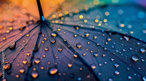 Close-up of raindrops on colored umbrella amid heavy rain, emphasizing weather protection. Ai Generated