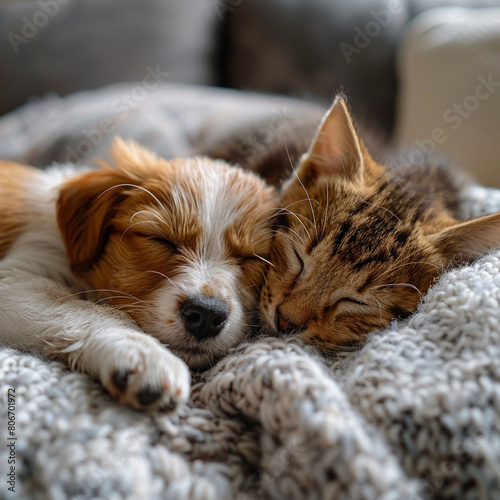 Cat and dog sleeping. Puppy and kitten sleep. on white blurred home background, with copy space, concept of sweet sleeping, friendship and peaceful slow life