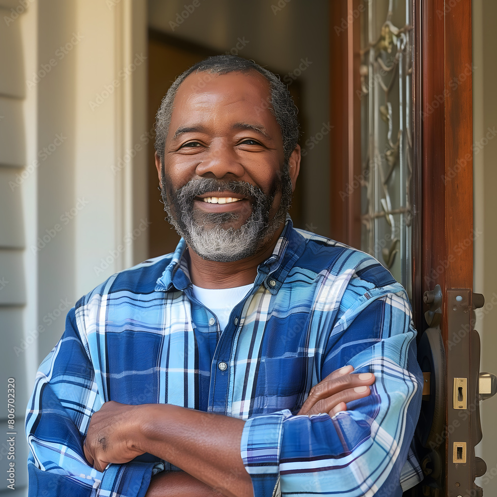 happy senior African American man with beard wearing blue and white plaid shirt standing in front door happy senior African American man with beard wearing blue and white plaid shirt standing in front door