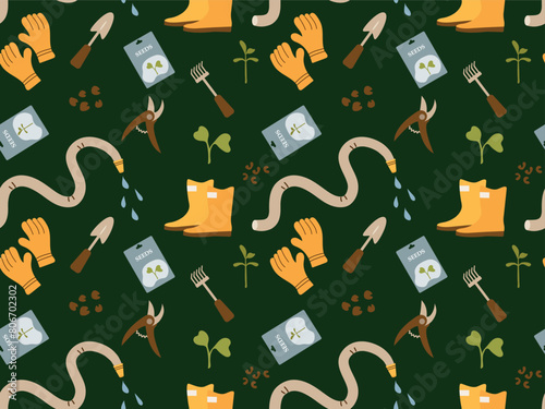 Garden tools seamless pattern. Vector illustration with watering hose seeds, garden boots and gloves
