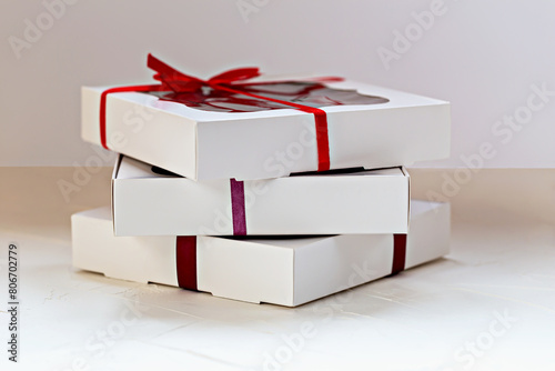 Three elegant white gift boxes with viewing windows, stacked neatly and tied with red and purple ribbons, showcasing gourmet marmalade or chocolate, ideal for festive gifting. Handmade confectionery