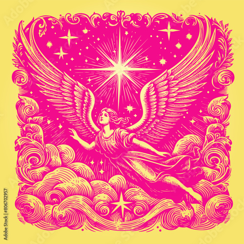 Angel flying to the star vintage style illustration
