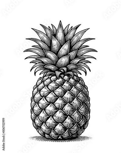 Monochrome pineapple engraving on white BG